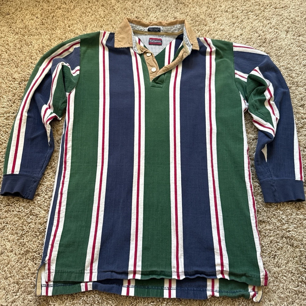Vintage 90s Hathaway Sport Vertical Stripe Rugby Shirt - Men's Large Polo